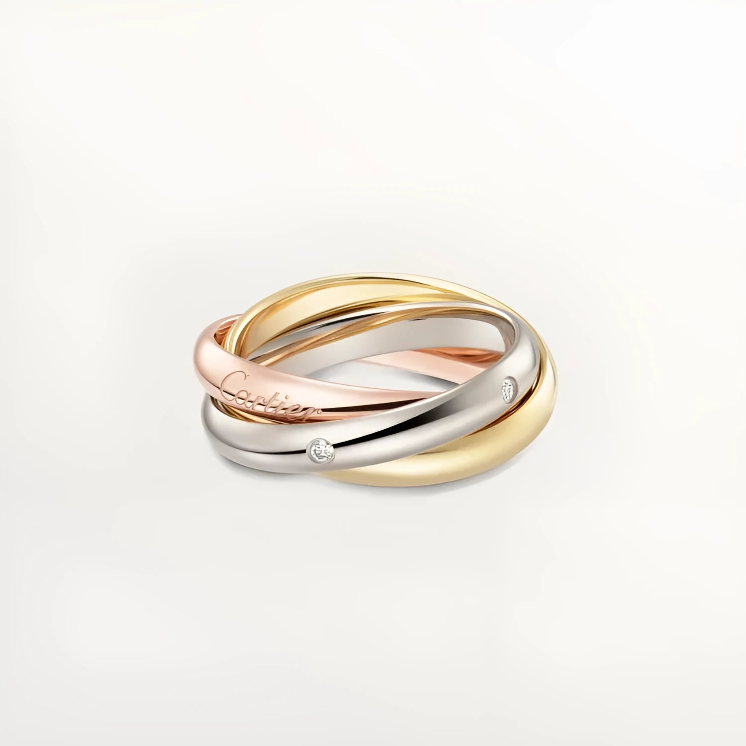 A pair of silver couple rings with a full diamond setting and U-shaped geometric design on a grey background.