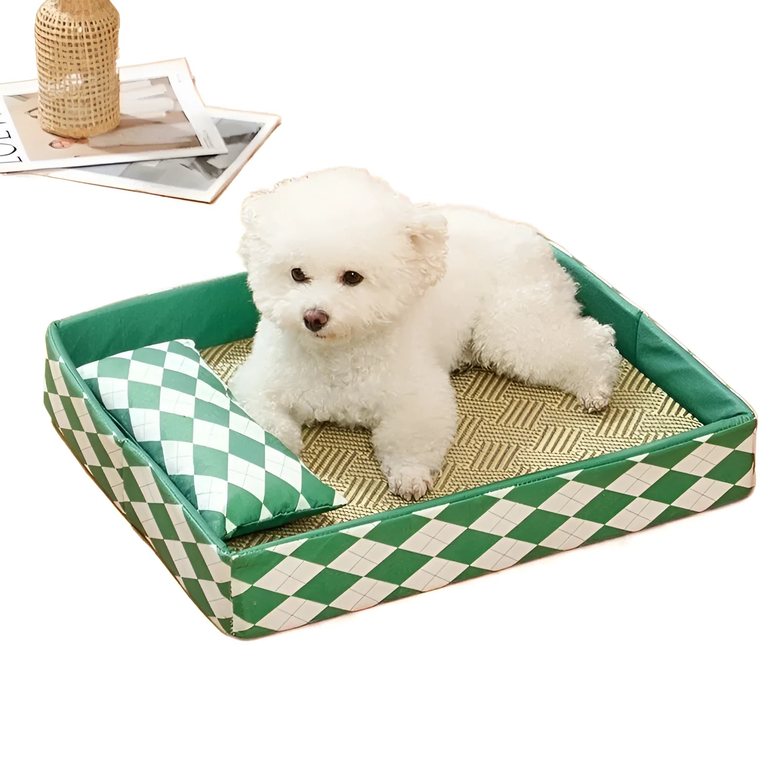 Blue rattan cat litter mat and bed showing woven texture with size options displayed