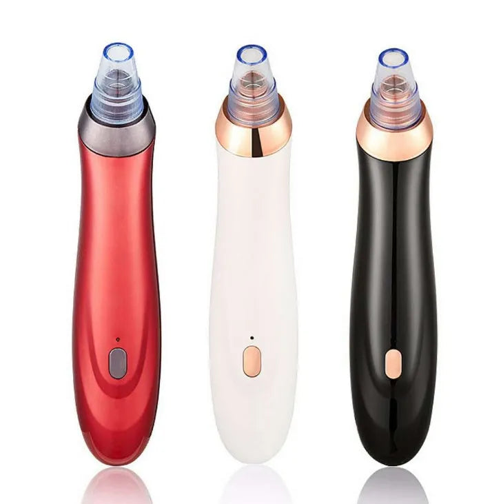 Black, gold, red, or white coloured electric blackhead removal tool with multiple nozzle tips