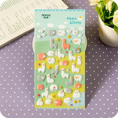 Cartoon three-dimensional bubble stickers sheet showing alpaca, forest animals, and dinosaur designs for hand account decoration