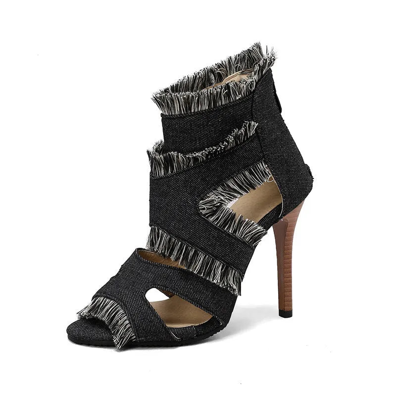 Women's denim high heel sandal in leopard print, showing 5cm heel and strap design.