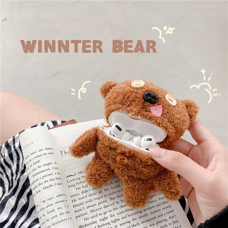 Brown plush button tongue bear earphone case for AirPods and FreeBuds, flip type design