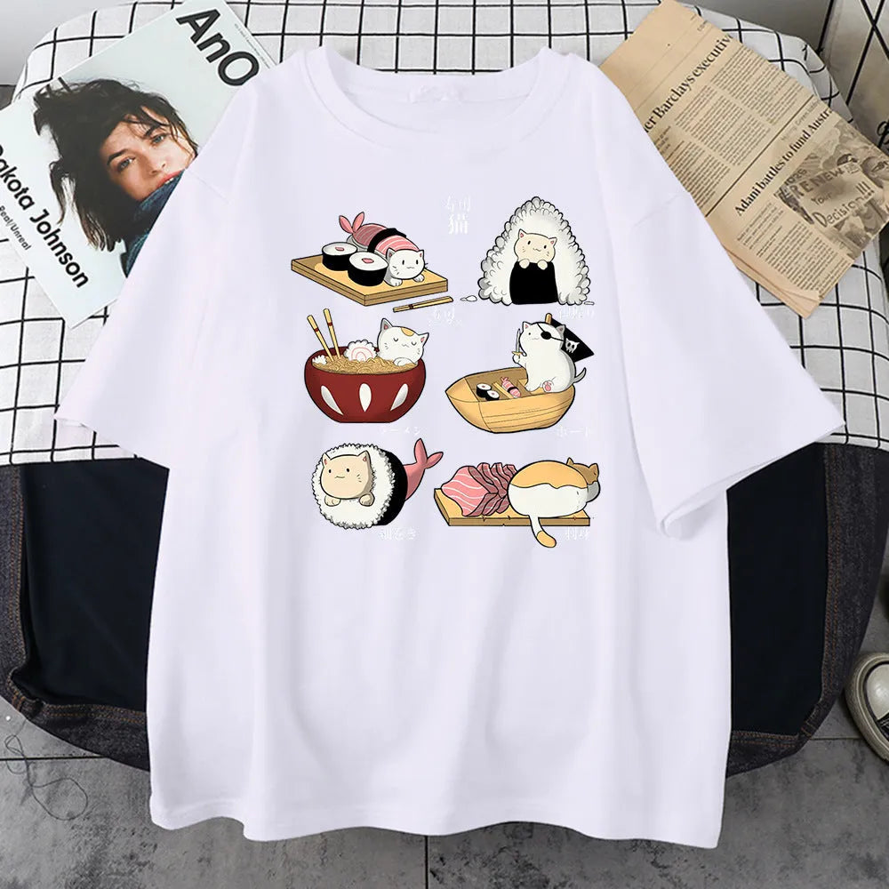Men's black cotton T-shirt with white cat sushi cartoon design on chest, short sleeves, loose fit