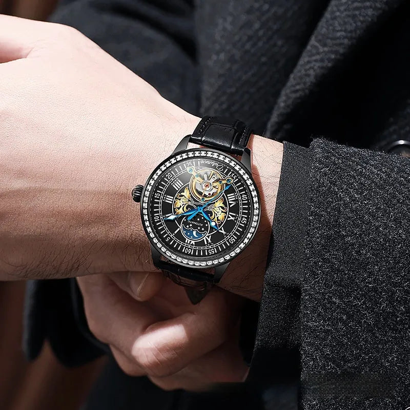 Men's waterproof mechanical watch with stainless steel strap and round dial on a wrist.