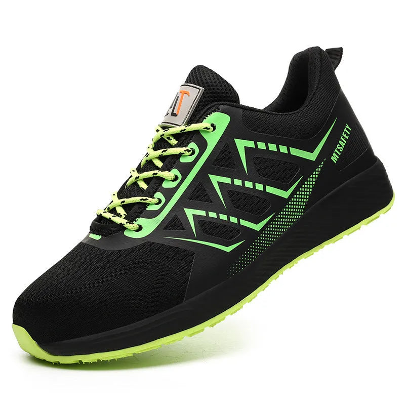 Black ultra-light labour protection shoes with steel toe caps and lace-up front closure
