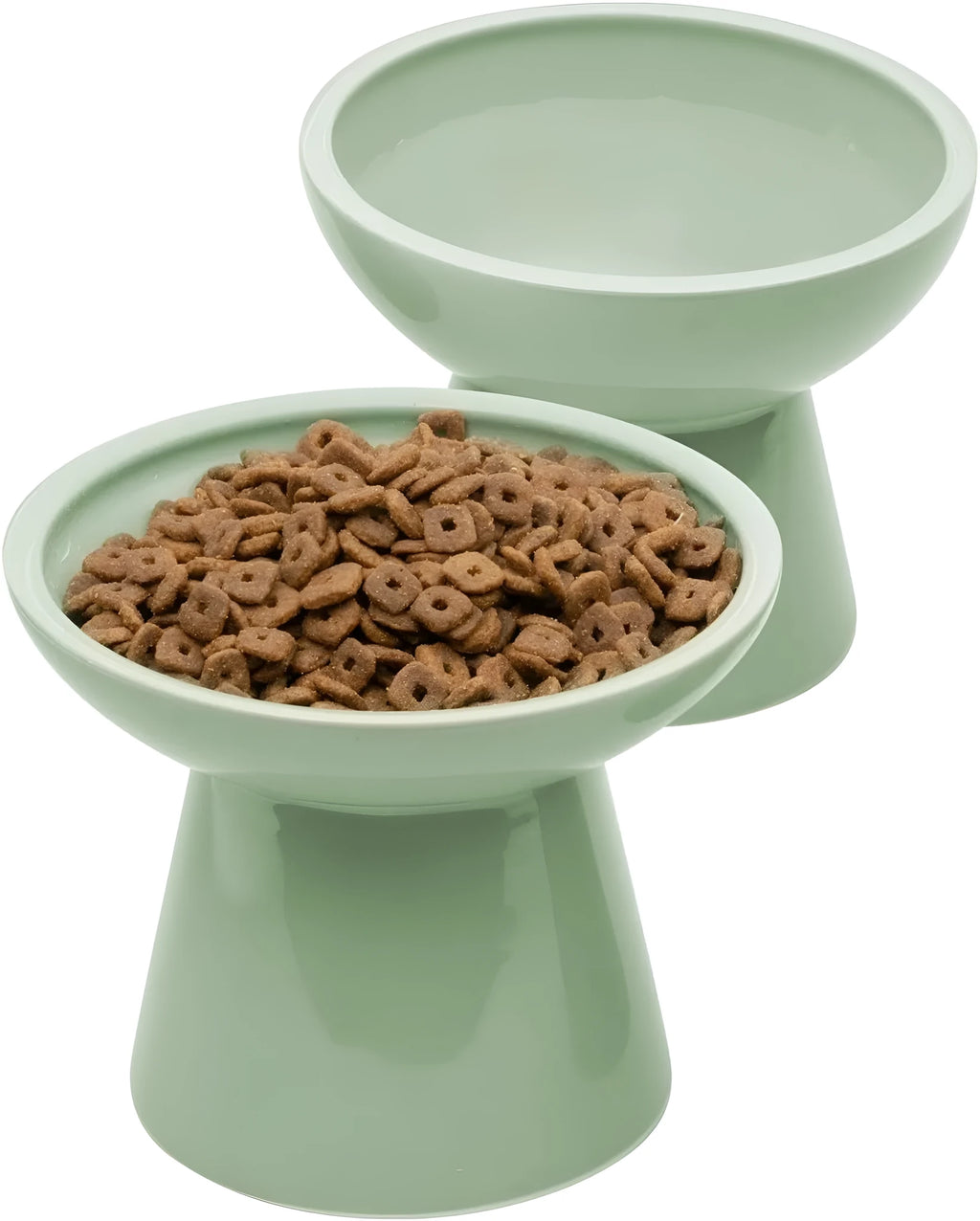 Ceramic elevated cat food bowl with wide shallow design in blue colour