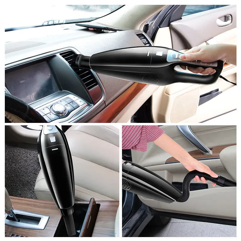 Black and orange car vacuum cleaner with cigarette lighter plug showing dimensions 36cm by 10cm by 13cm