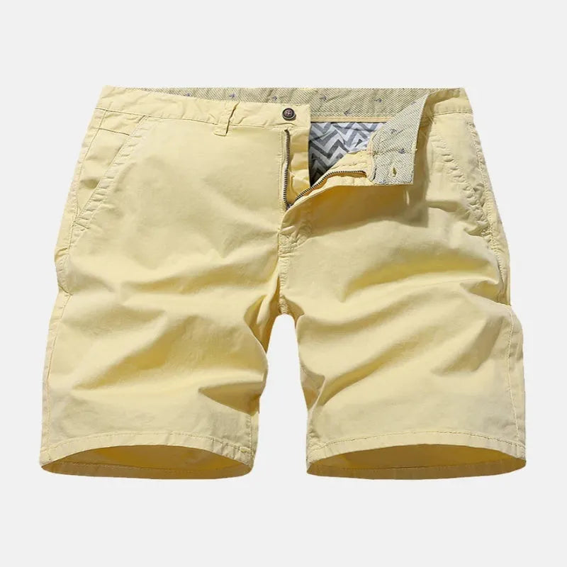 Man wearing blue printed denim casual shorts with a loose fit and straight leg, showcasing the no-belt workwear style.