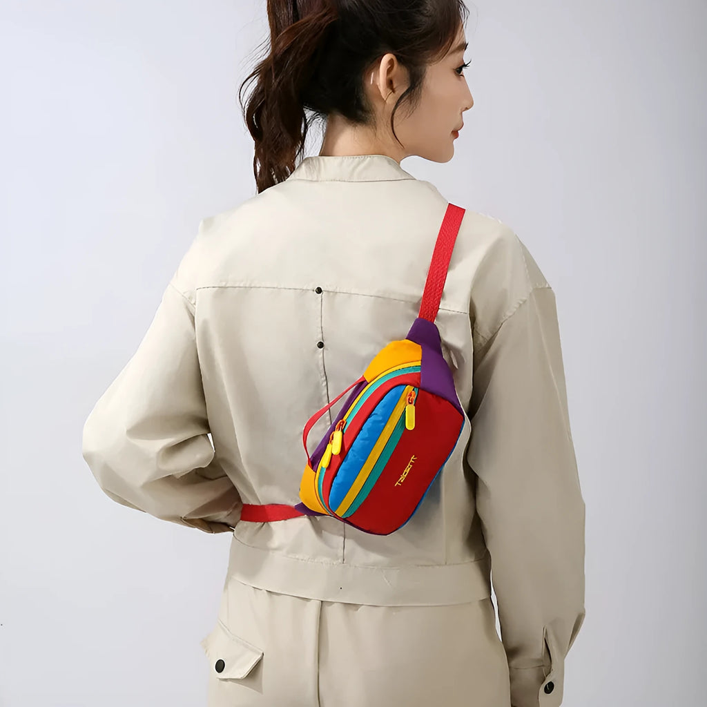 Nylon one-shoulder waist bag 2 litre dopamine colour with chain detail, outdoor leisure style