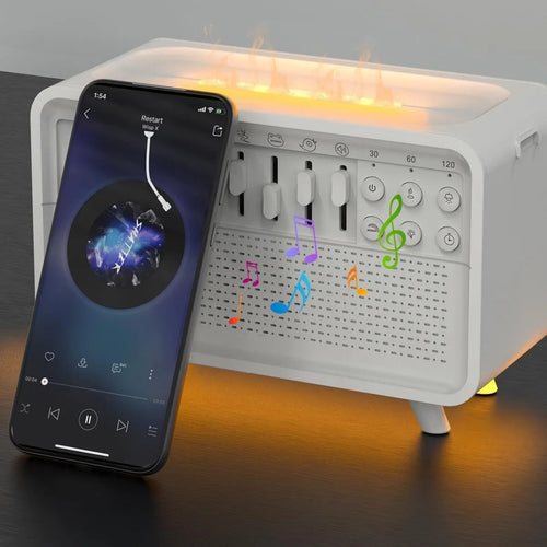 White geometric 3-in-1 Bluetooth speaker with white noise, humidifier, and night light functions.