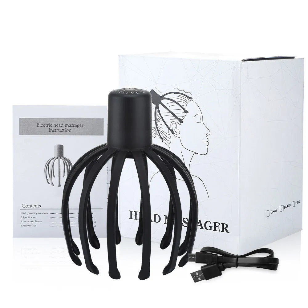 Black electric scalp massager with 12 TPE flexible massage arms and USB charging cable on white background