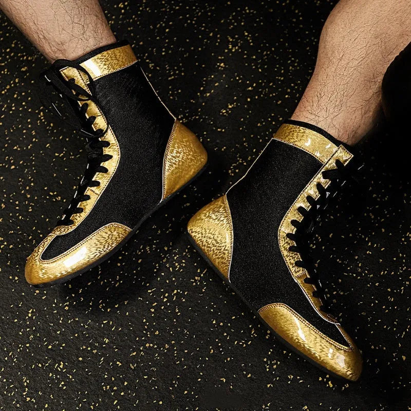 Black gold mesh professional boxing shoes with white leather accents and rubber sole