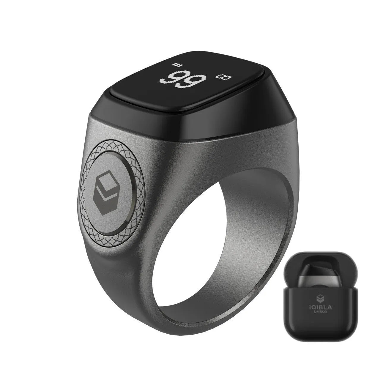 Zikr1 smart ring in silver on a finger, showing the OLED display and single CNC button.