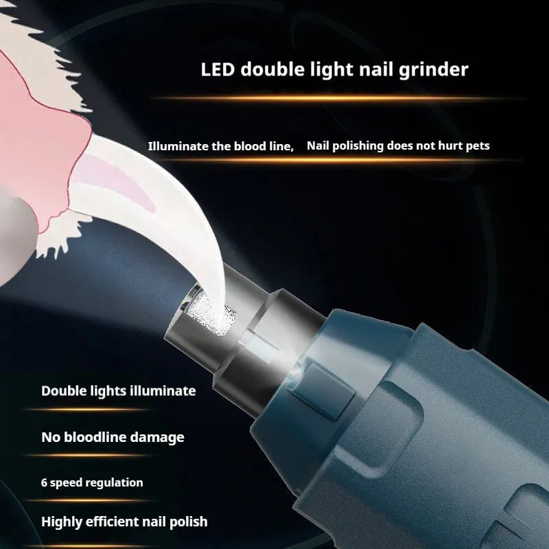 Dark blue pet nail grinder with rotary speed knob, LED light, and fine grinding head.
