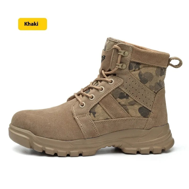Khaki suede high-top safety combat boots with steel toe cap and front lace-up closure.