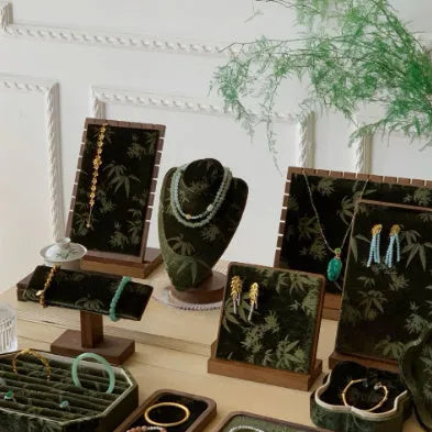 Solid wood walnut necklace display stand with ink painting bamboo design jewellery rack