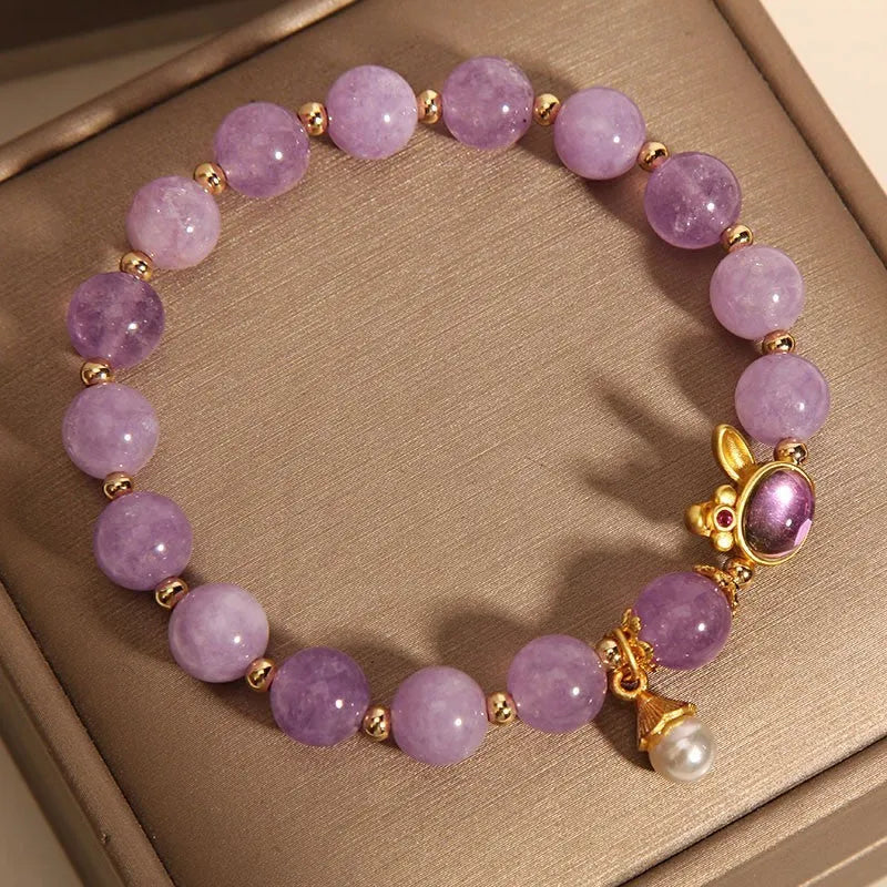 Mauve jade hare head charm bracelet with crystal band in Mori style design