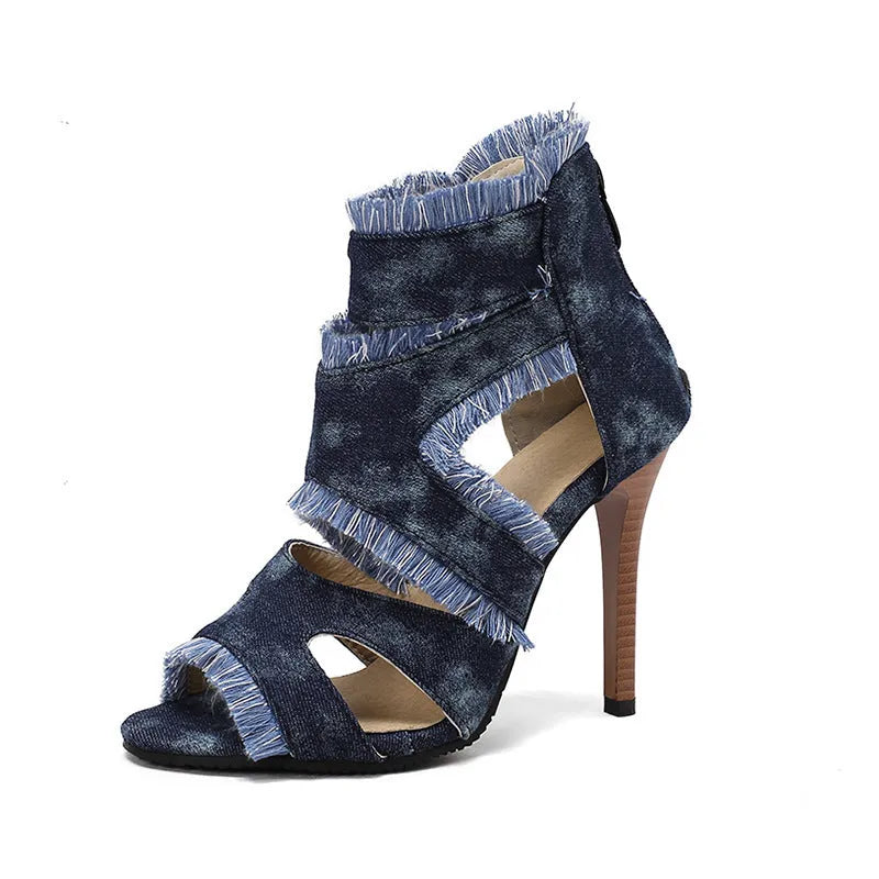 Women's denim high heel sandal in leopard print, showing 5cm heel and strap design.