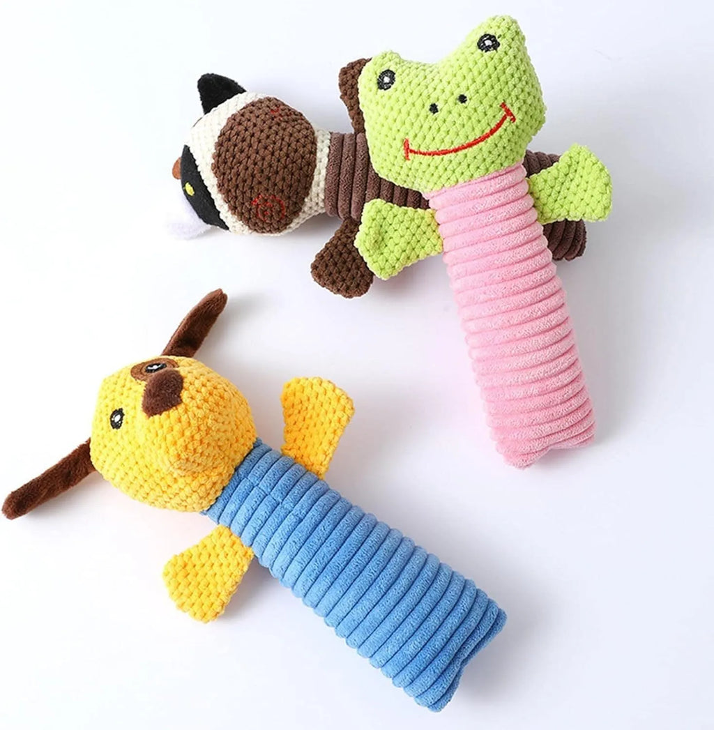 Squeaky plush dog chew toy in animal shape for dental cleaning, 19cm size suitable for all breeds