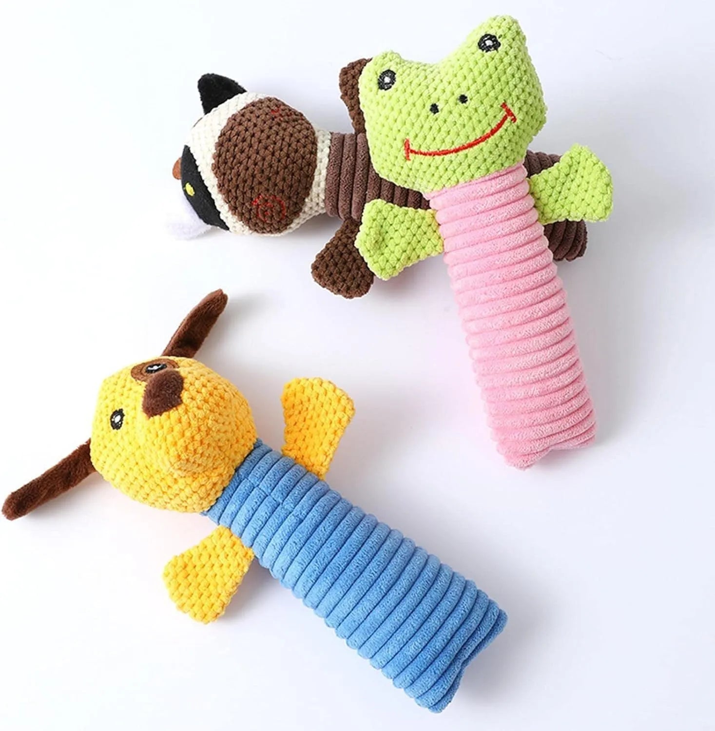 Squeaky plush dog chew toy in animal shape for dental cleaning, 19cm size suitable for all breeds