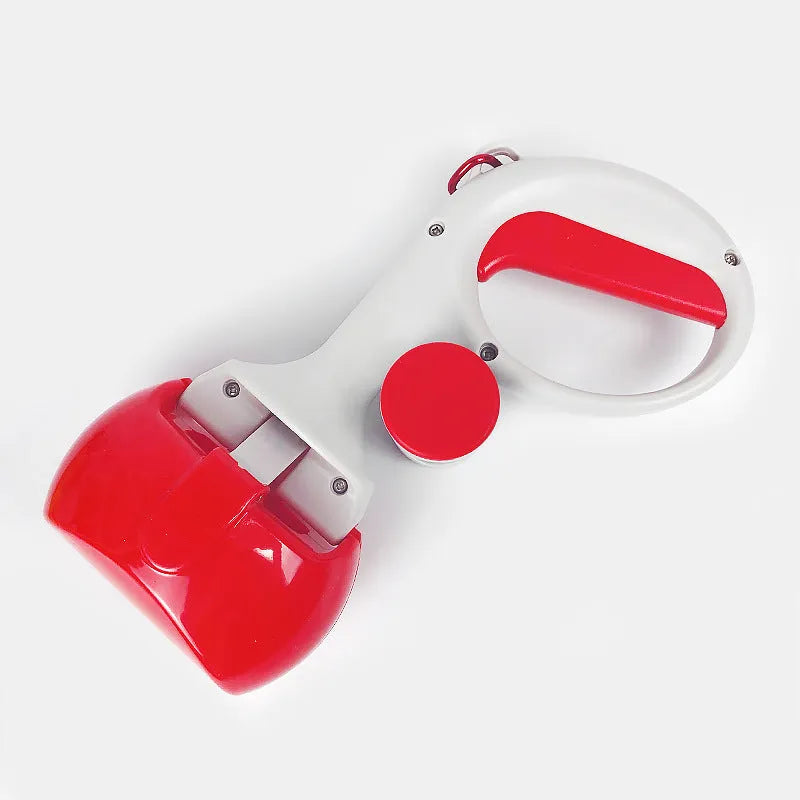 Blue pet pooper scooper with integrated trash bag holder and top carry hook.