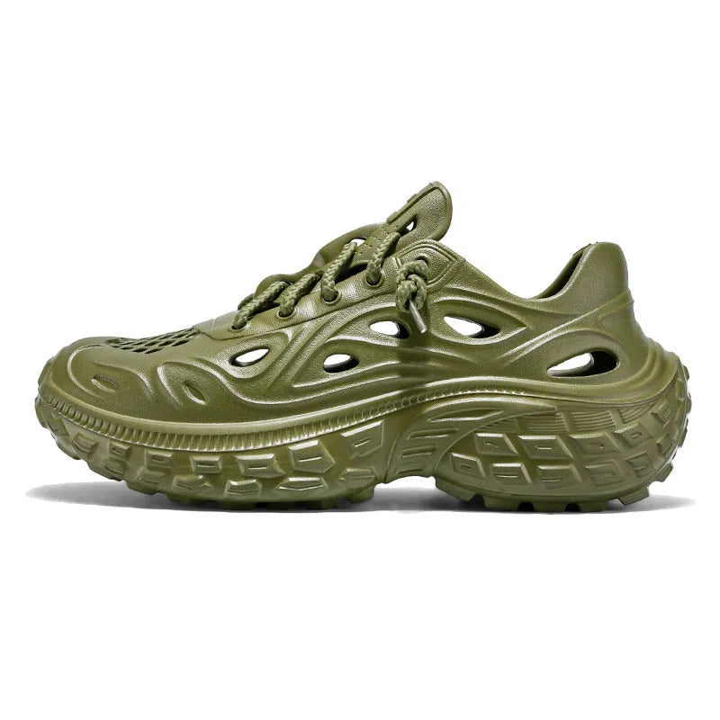 Men's Army Green EVA sandals with thick sole, covered heel, and hollow-out design.