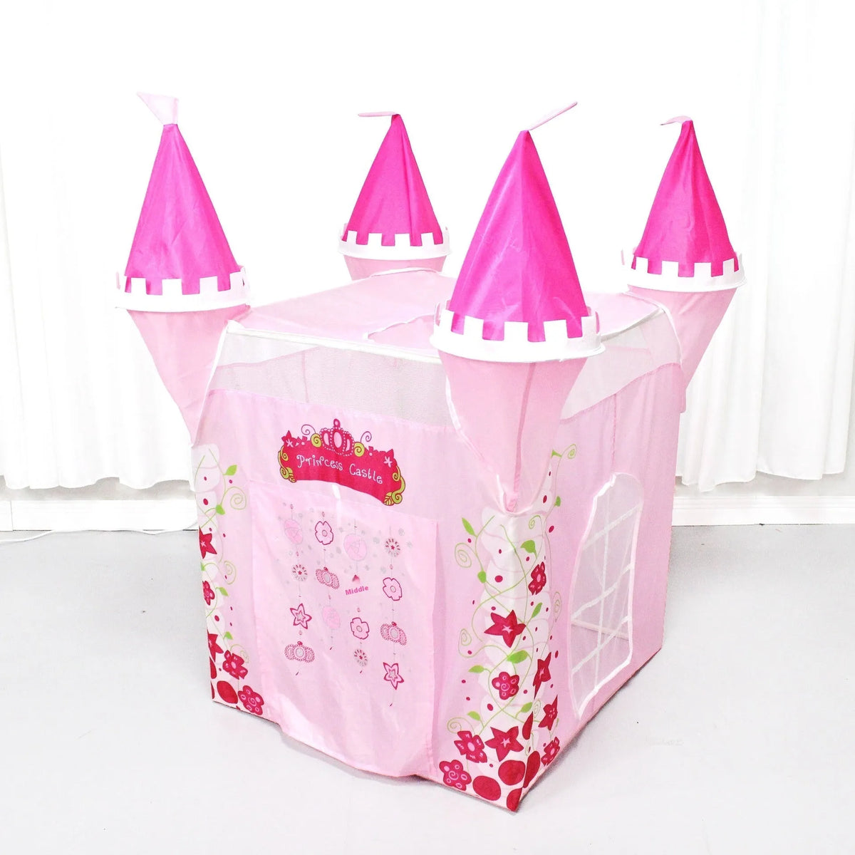 Children's princess castle folding tent with castle pattern design made of polyester taffeta
