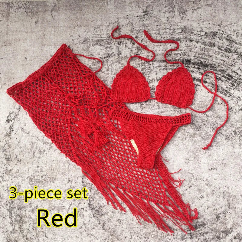 Women's handmade crochet three-piece bikini set with skirt in blue colour
