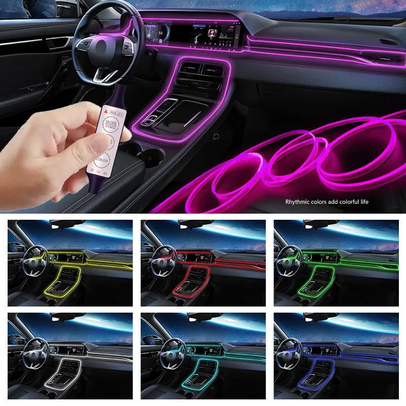 Car interior USB RGB LED light strip kit with wireless remote control showing colour options