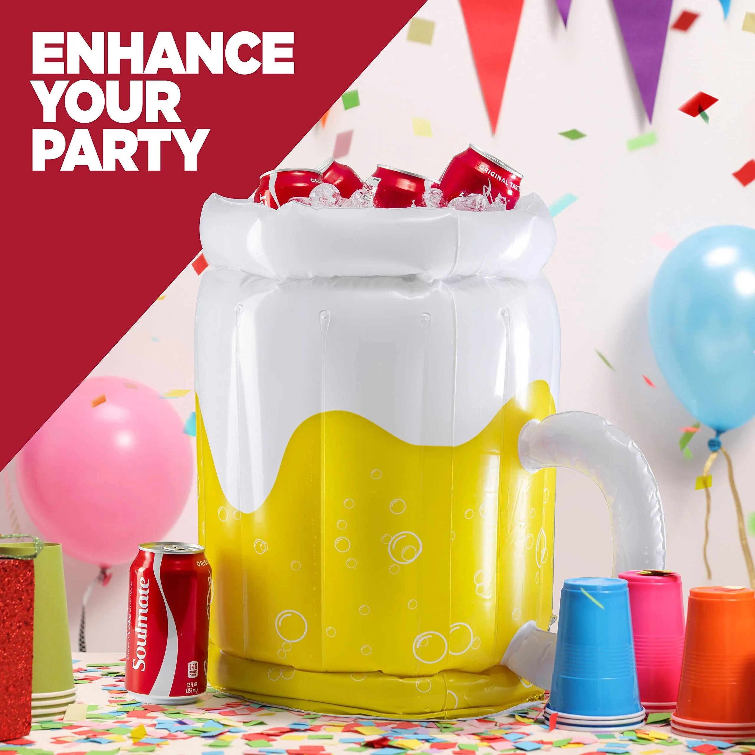 Large yellow inflatable beer mug cooler pool float with drinks, shown in a swimming pool.