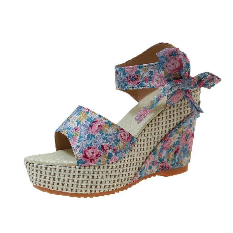 Women's floral wedge sandals with peep toe and ankle strap buckle in available colour options