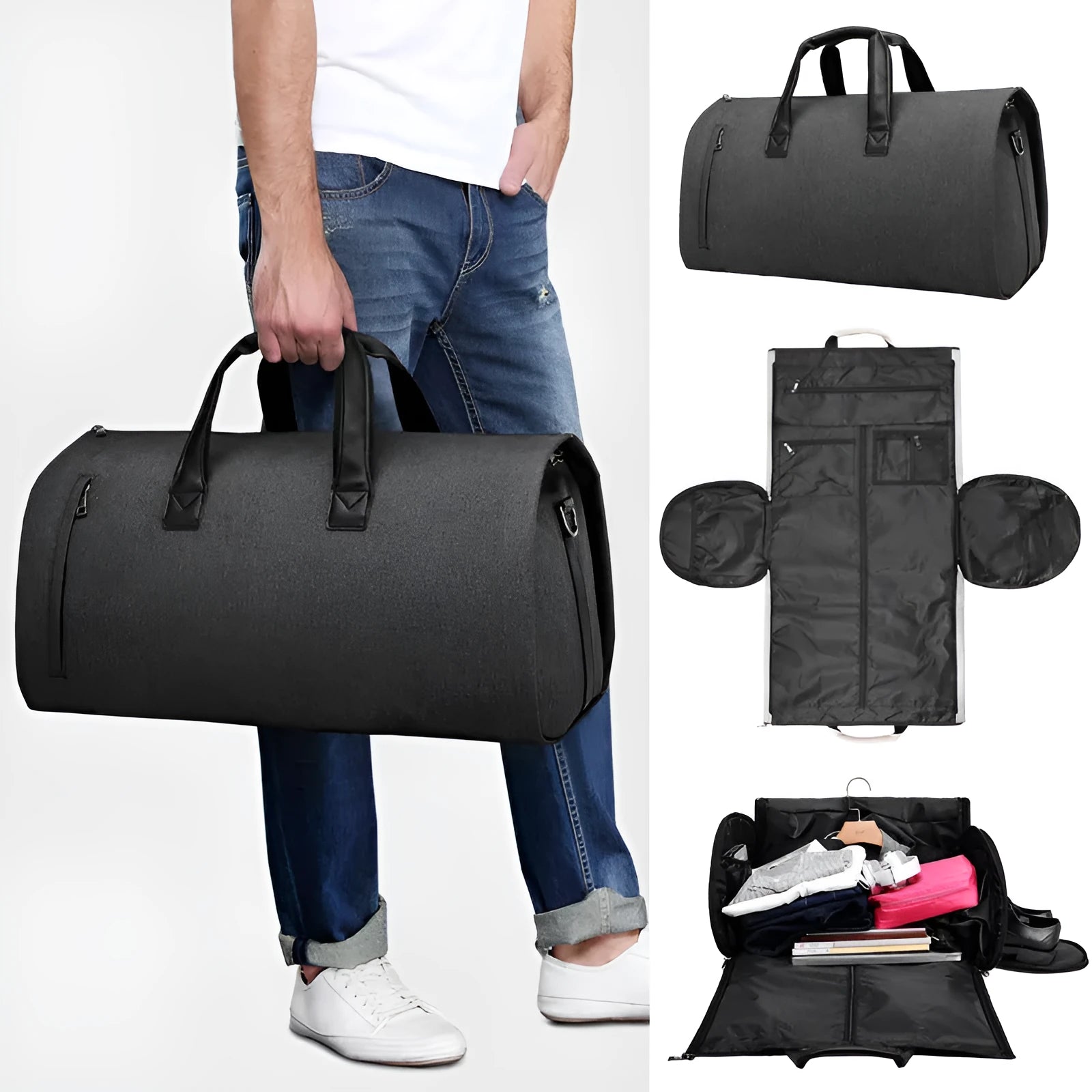 Men's light grey Oxford cloth travel bag showing oval shape, single strap, and internal organisation compartments.