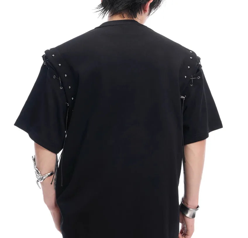 Women's black deconstruction t-shirt with a front lace-up cutout detail and short sleeves.