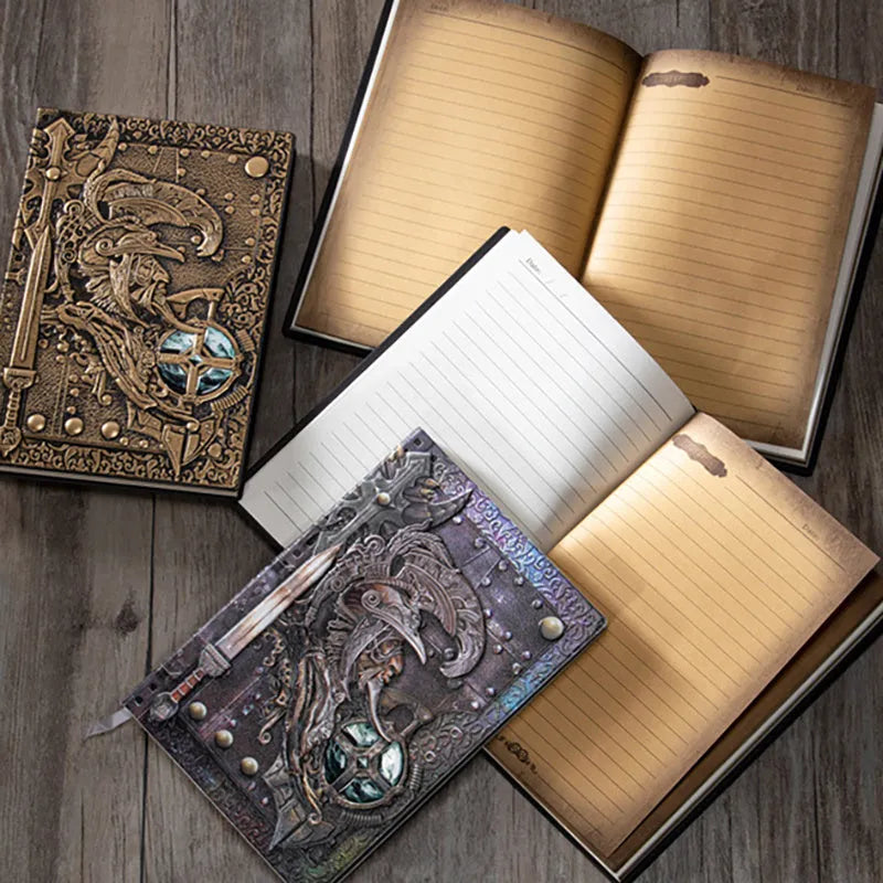 Creative retro A5 leather notebook with 3D warriors relief embossed cover, shown open on durable paper pages.