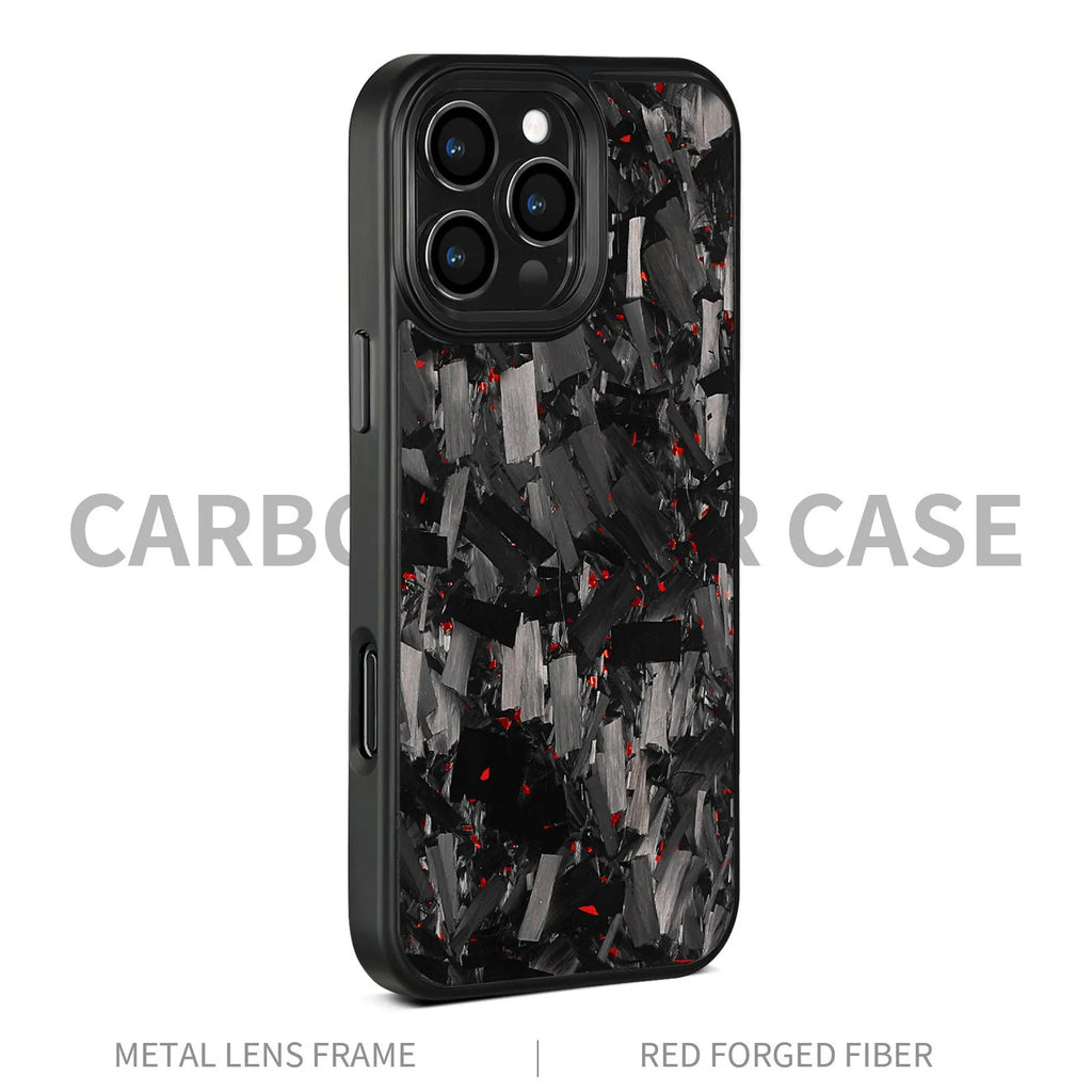 Carbon fibre forged pattern phone case in black on iPhone, showing full-coverage design and material texture