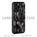 Carbon fibre forged pattern phone case in black on iPhone, showing full-coverage design and material texture