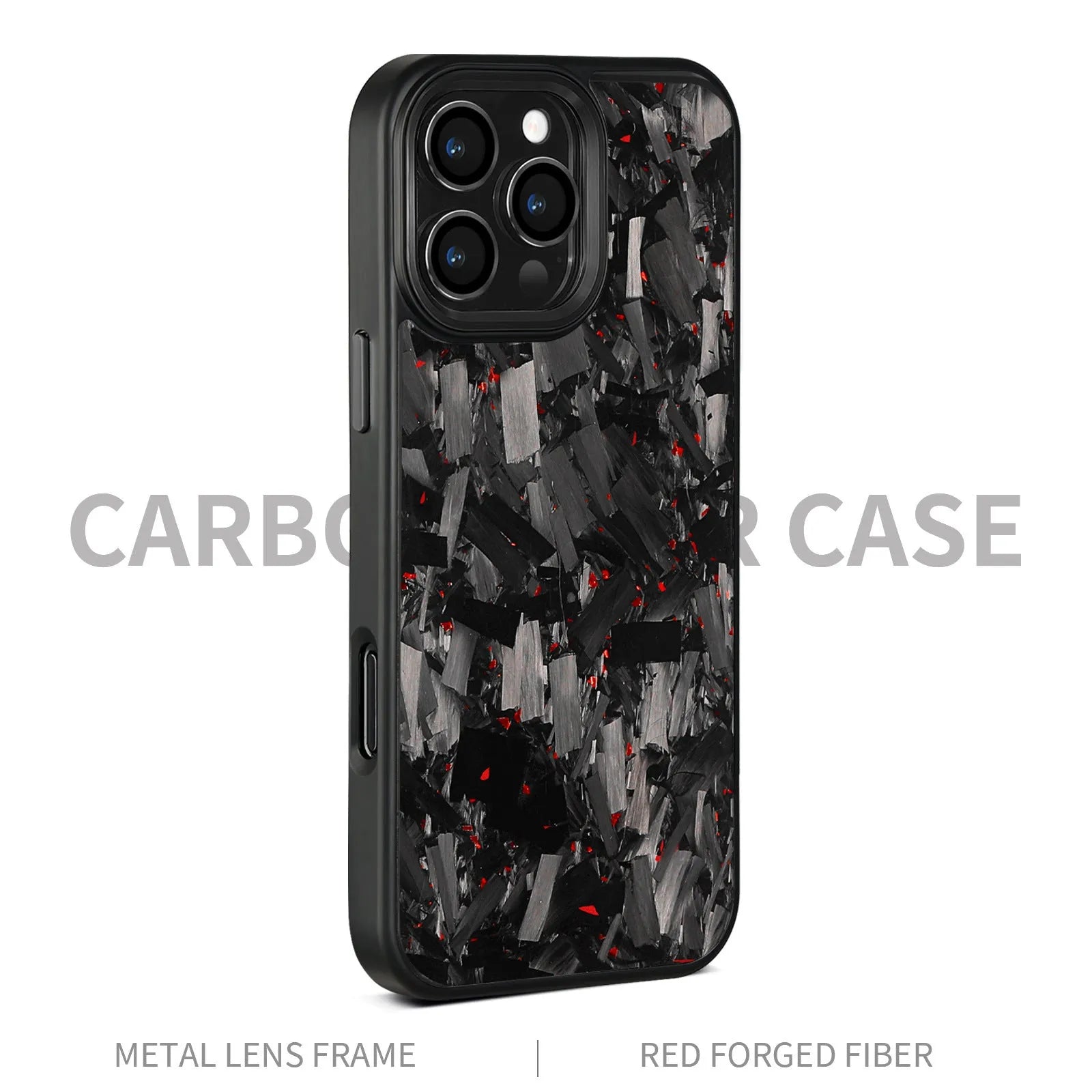 Carbon fibre forged pattern phone case in black on iPhone, showing full-coverage design and material texture