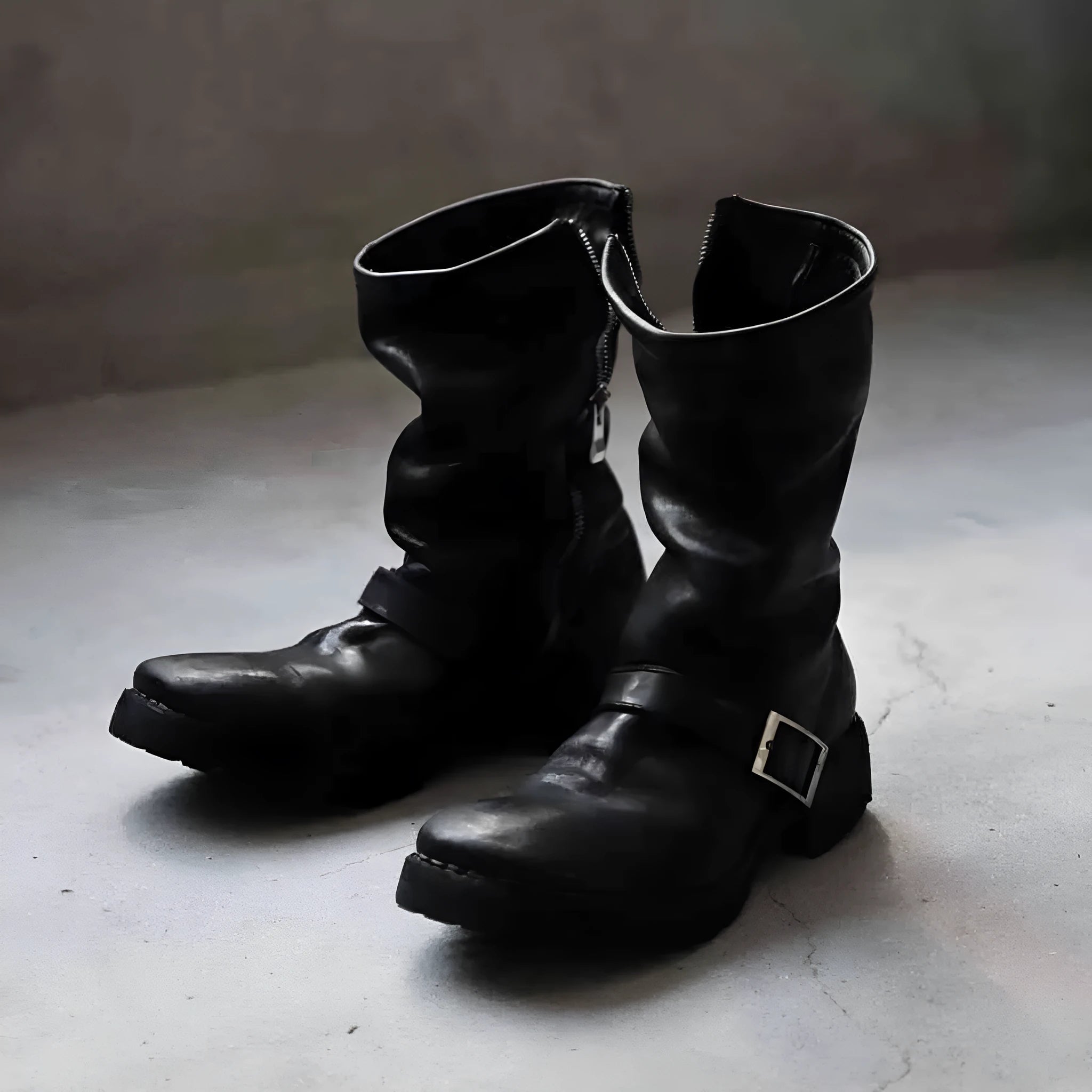 Men's dark retro Martin ankle boots with side zipper and round toe in black.
