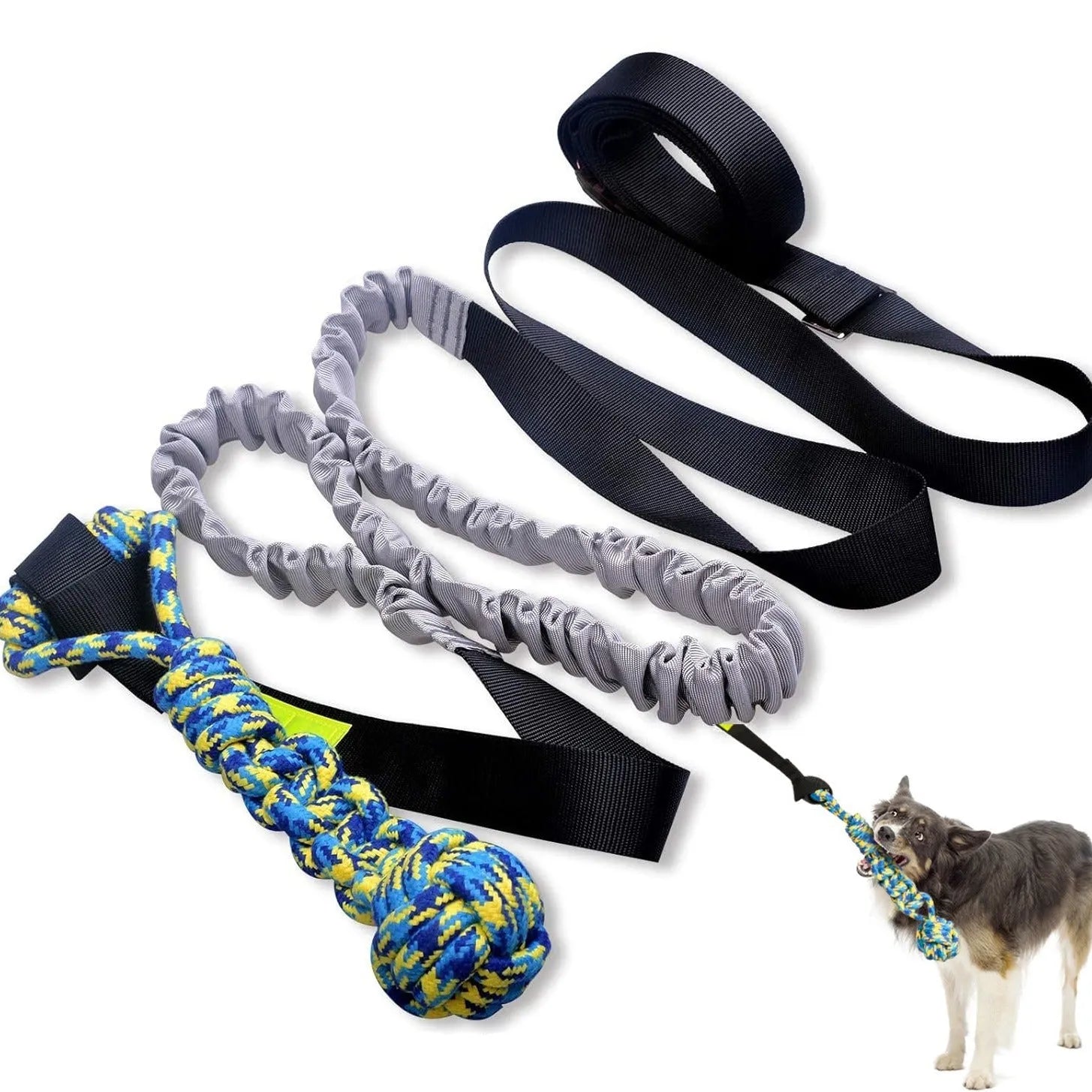 Cotton thread dog tug of war rope toy showing four design options for interactive pet play