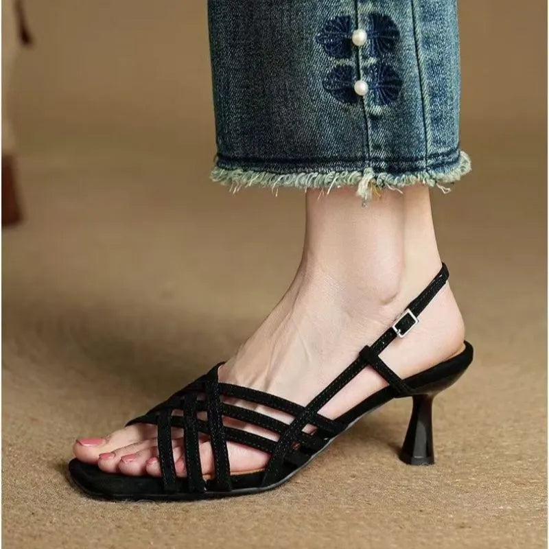 Women's retro-style high-heel sandals with ankle buckle in light brown artificial PU leather