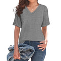 Grey loose fit V-neck T-shirt with a front chest pocket on a hanger.