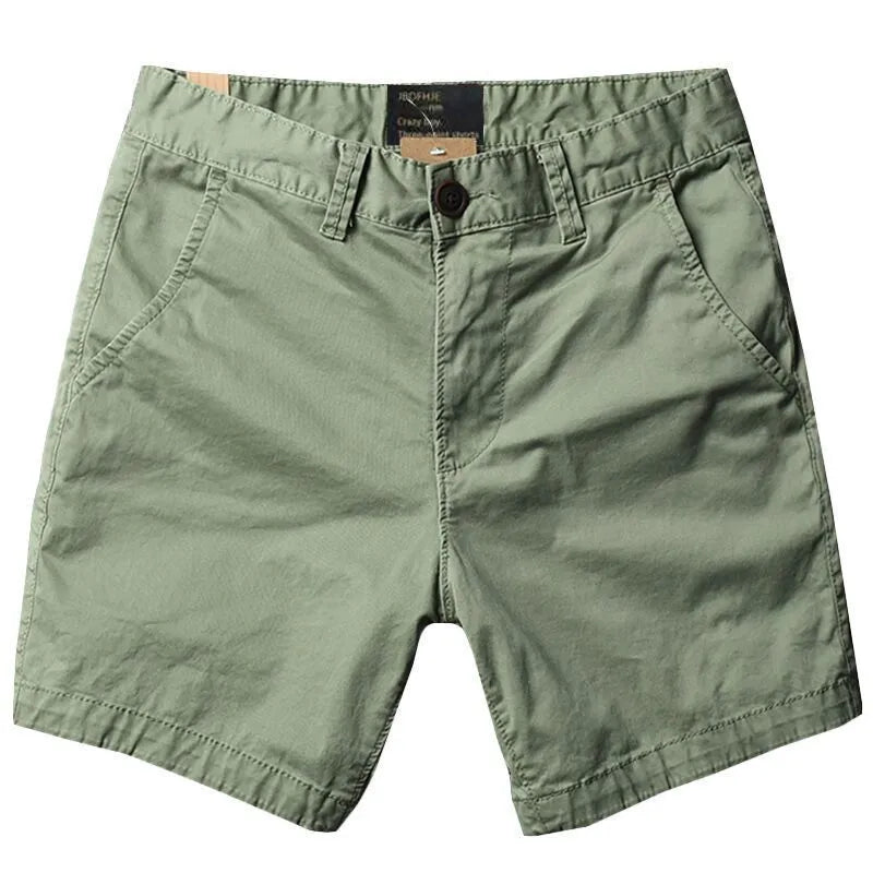 Men's cotton loose shorts in straight-leg cut with zipper fly, shown in multiple colour options including camouflage patterns