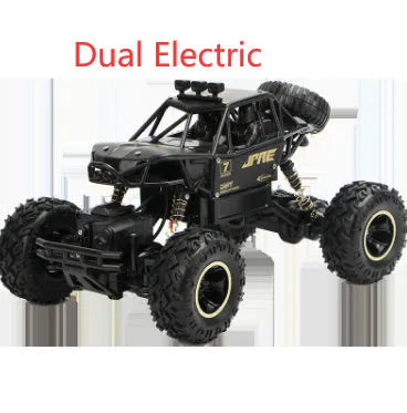 Large black 4WD remote control climbing car and smaller silver high-speed model with 2.4G remote.