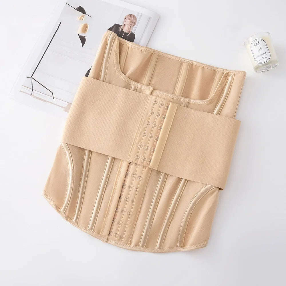 Nylon belly band waist trainer in black or apricot with belt tie fastener