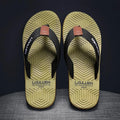Men's flip flops in black, khaki, or green with a non-slip PVC sole and EVA upper.