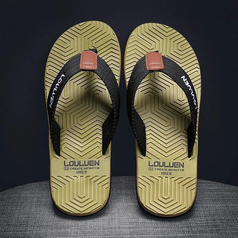 Men's flip flops in black, khaki, or green with a non-slip PVC sole and EVA upper.