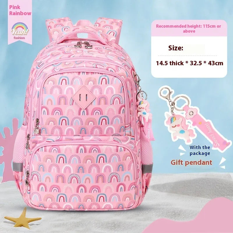 Blue children's Oxford cloth backpack with dinosaur print and curved shoulder straps.