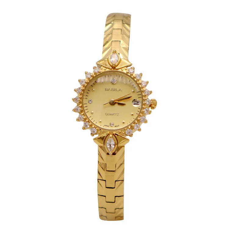 Women's quartz watch with diamond embossed bracelet in gold colour