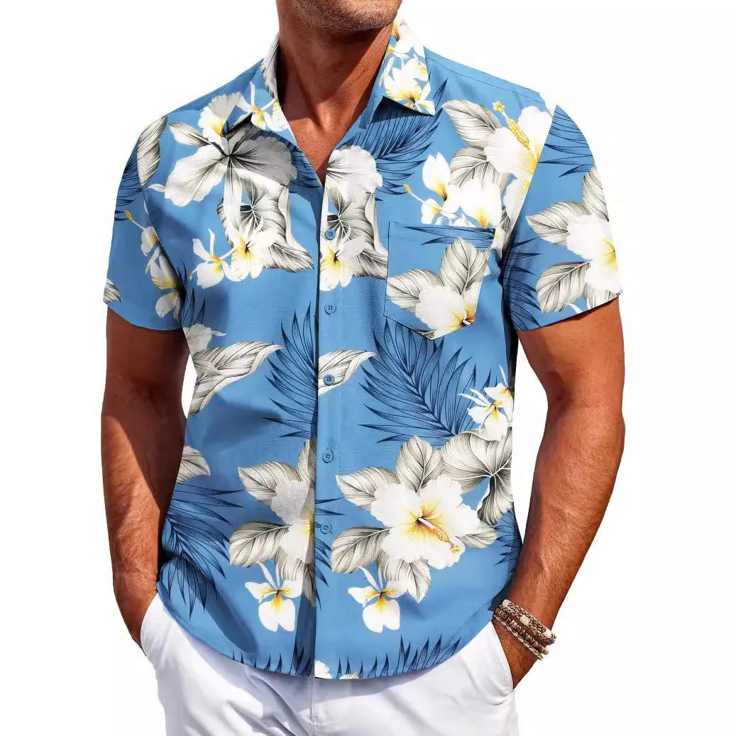 Men's slim fit short sleeve Hawaiian shirt in cardigan style, shown in a solid colour.