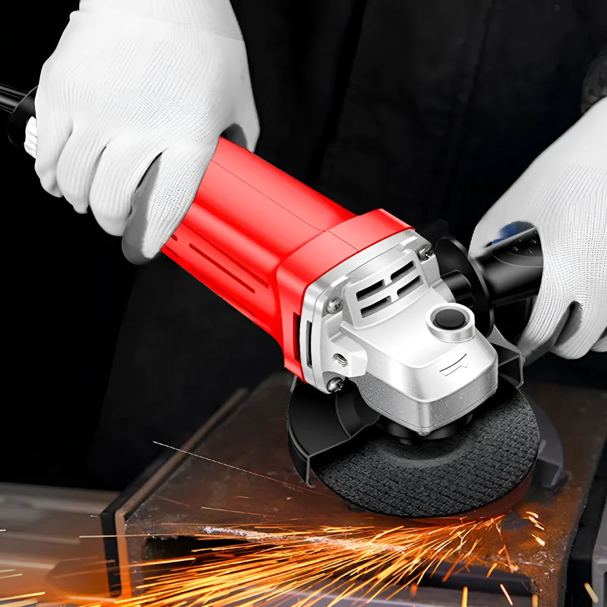 Electric angle grinder 1600W with 100mm disc and 10mm chuck on workbench